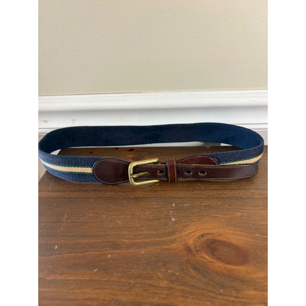 Vintage Dooney & Bourke Striped Canvas Leather Belt Navy Green Tan Brass 32 6575